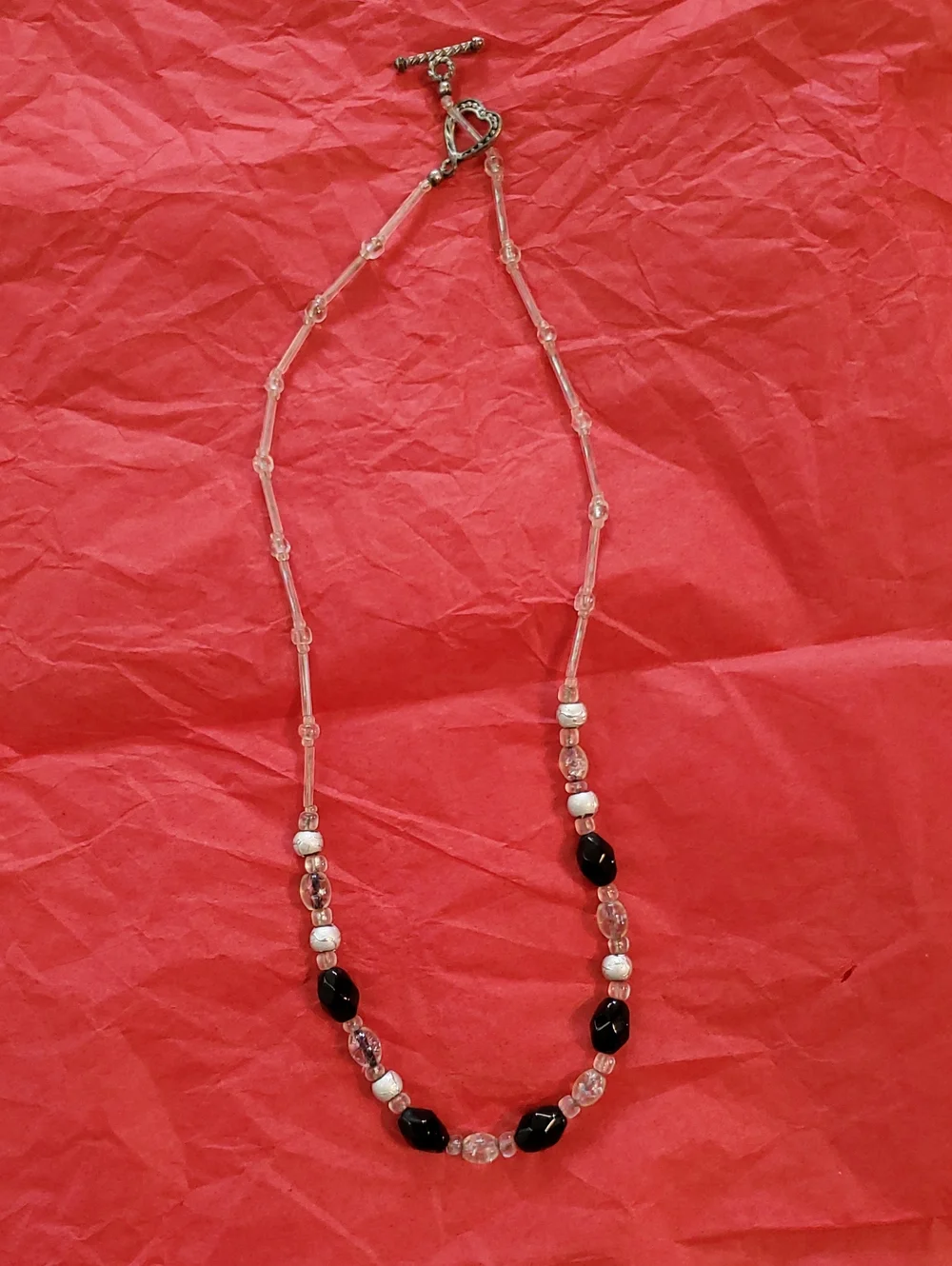 Hand Crafted Clear and Black Beaded Necklace with Heart Toggle